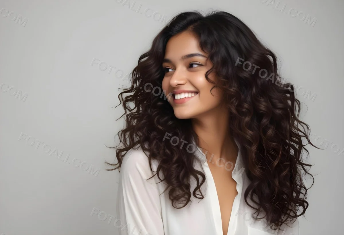 Young Woman Of South Asian Descent With Long Curly Dark Brown Hair Smiling Softly She Is Wearing A White Blouse And Has A Light Background 38 9dab
