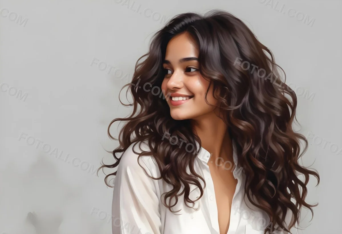 Young Woman Of South Asian Descent With Long Curly Dark Brown Hair Smiling Softly She Is Wearing A White Blouse And Has A Light Background 5 D102