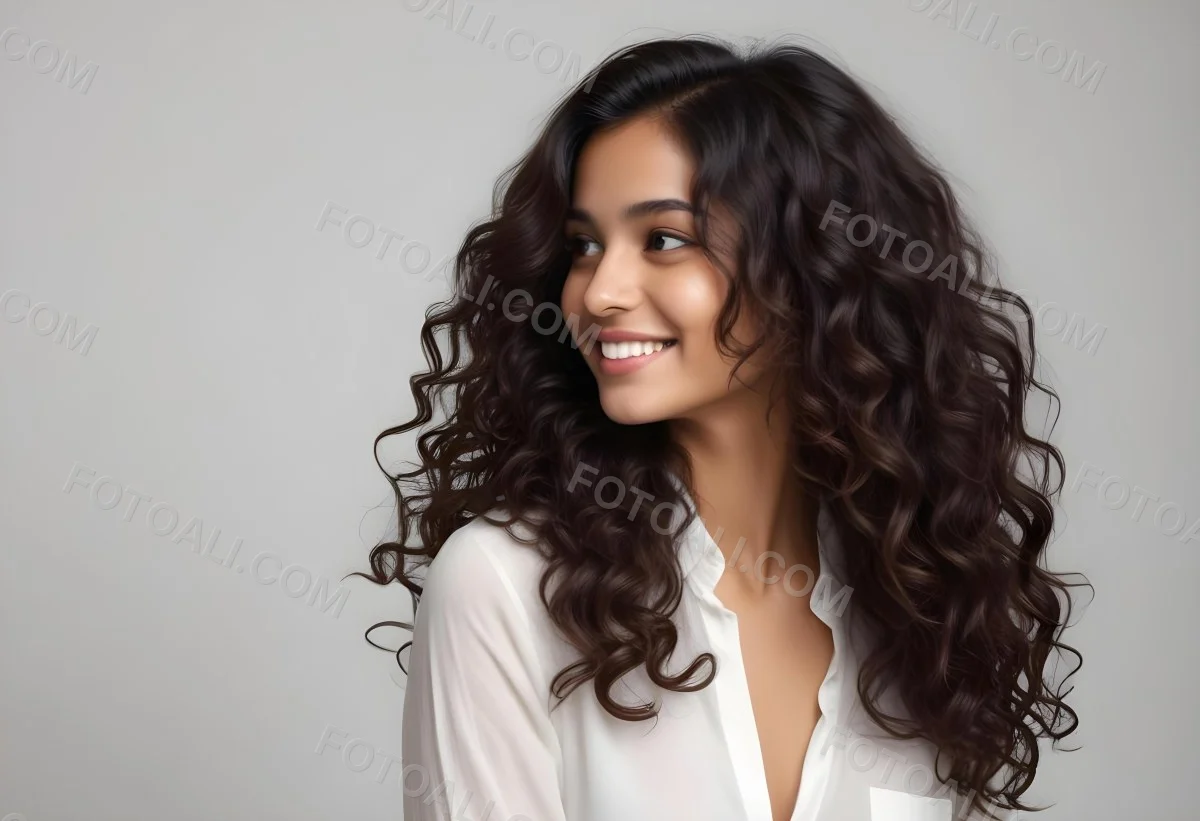 Young Woman Of South Asian Descent With Long Curly Dark Brown Hair Smiling Softly She Is Wearing A White Blouse And Has A Light Background 64 28a7