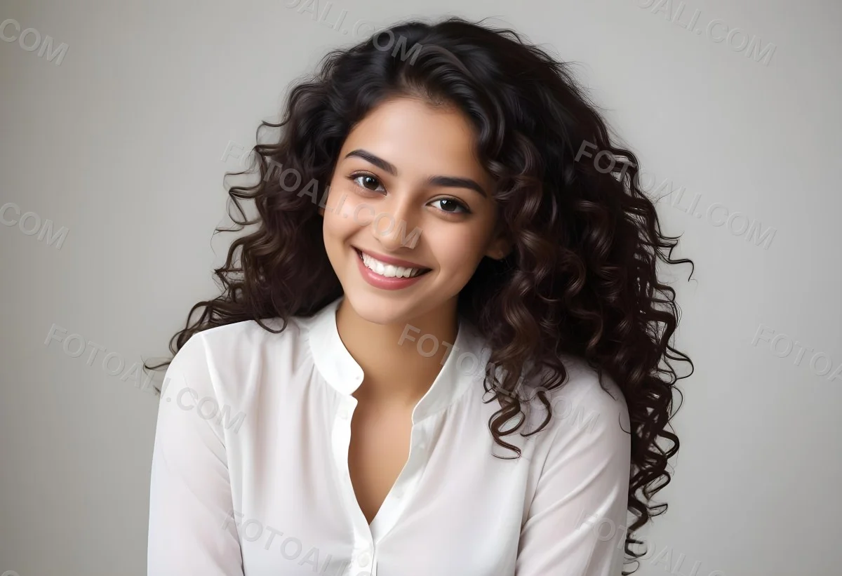 Young Woman Of South Asian Descent With Long Curly Dark Brown Hair Smiling Softly She Is Wearing A White Blouse And Has A Light Background 65 59f4