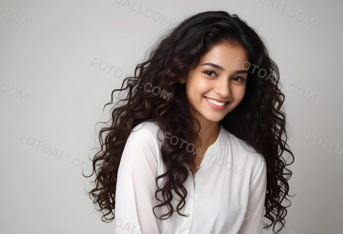 Young Woman Of South Asian Descent With Long Curly Dark Brown Hair Smiling Softly She Is Wearing A White Blouse And Has A Light Background 66 2861