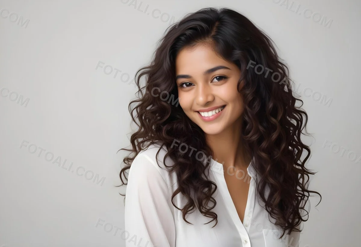 Young Woman Of South Asian Descent With Long Curly Dark Brown Hair Smiling Softly She Is Wearing A White Blouse And Has A Light Background 67 D145