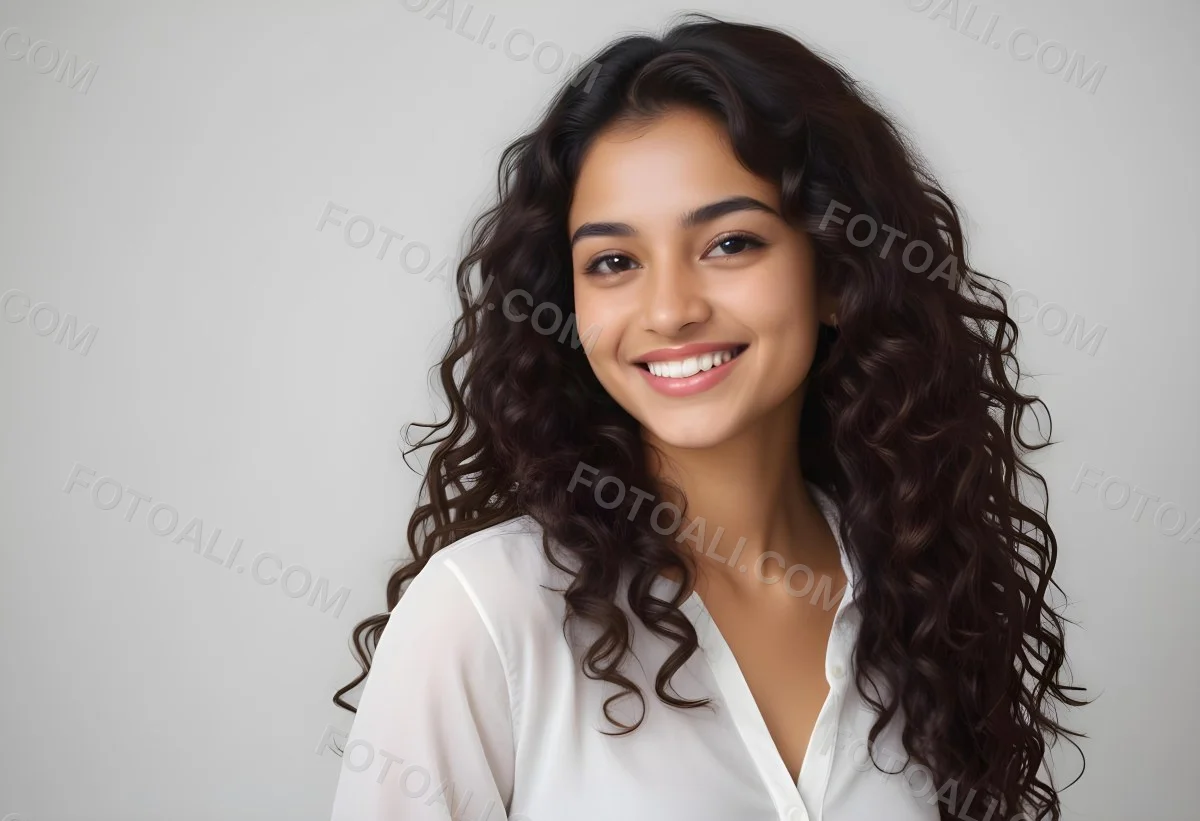 Young Woman Of South Asian Descent With Long Curly Dark Brown Hair Smiling Softly She Is Wearing A White Blouse And Has A Light Background 70 4327