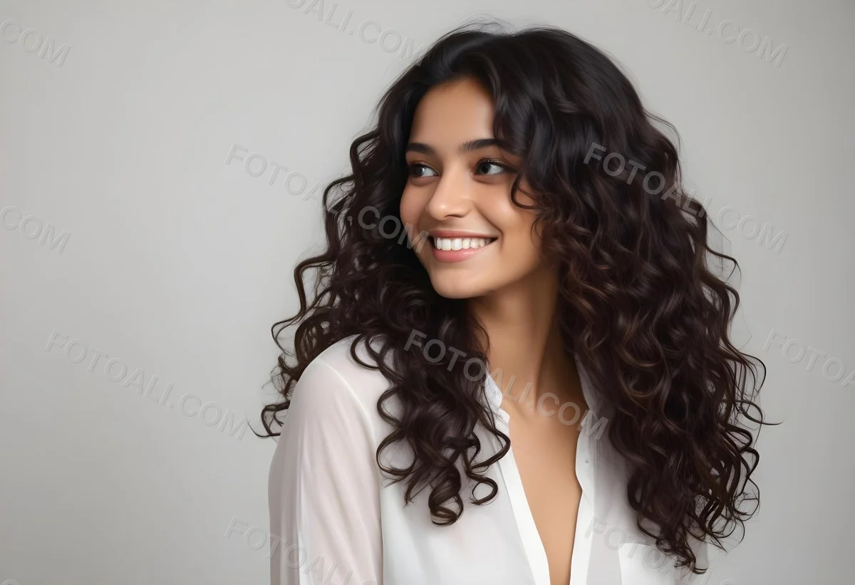 Young Woman Of South Asian Descent With Long Curly Dark Brown Hair Smiling Softly She Is Wearing A White Blouse And Has A Light Background 82 5f66