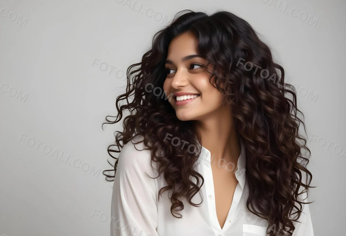 Young Woman Of South Asian Descent With Long Curly Dark Brown Hair Smiling Softly She Is Wearing A White Blouse And Has A Light Background 87 A555