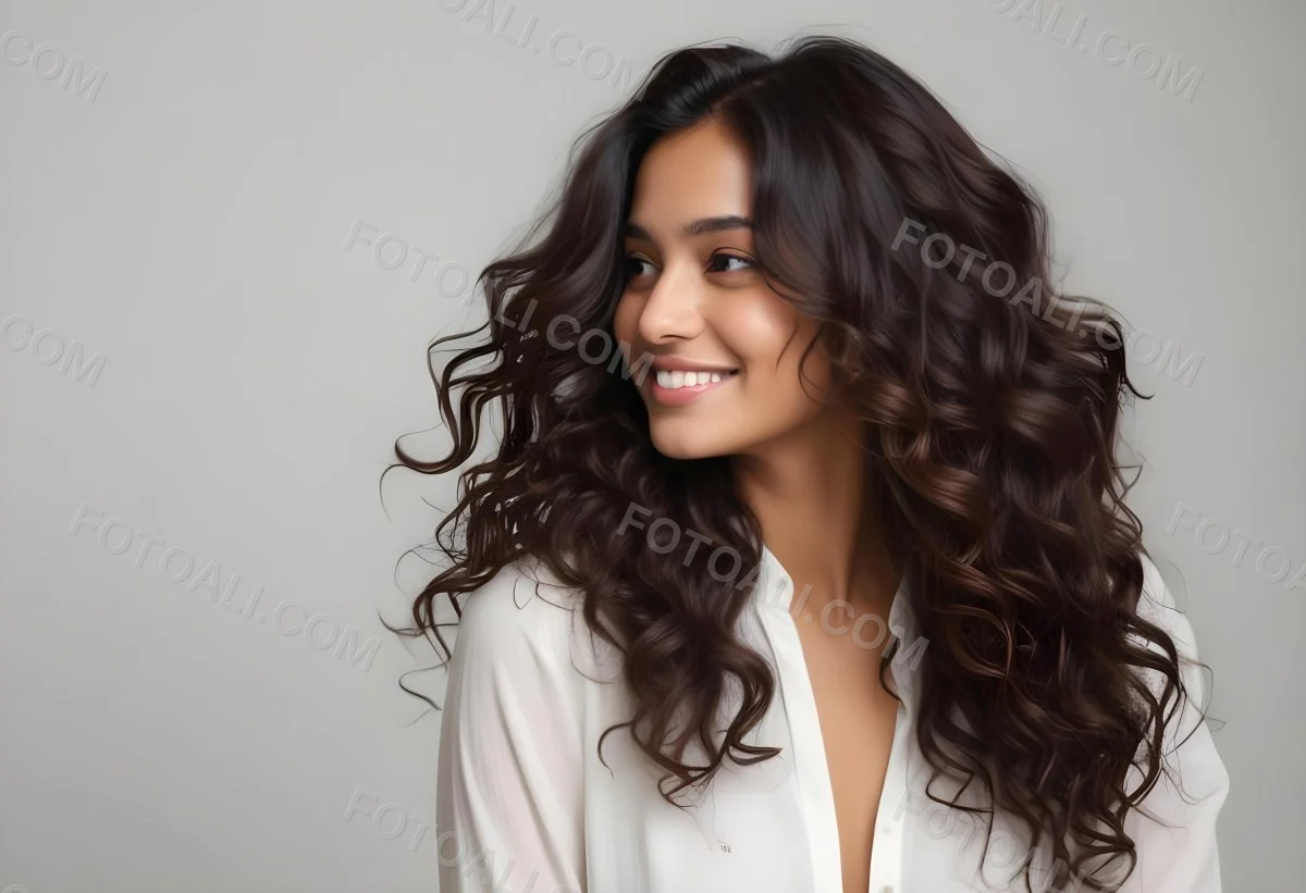 Young Woman Of South Asian Descent With Long Curly Dark Brown Hair Smiling Softly She Is Wearing A White Blouse And Has A Light Background 90 E9bf