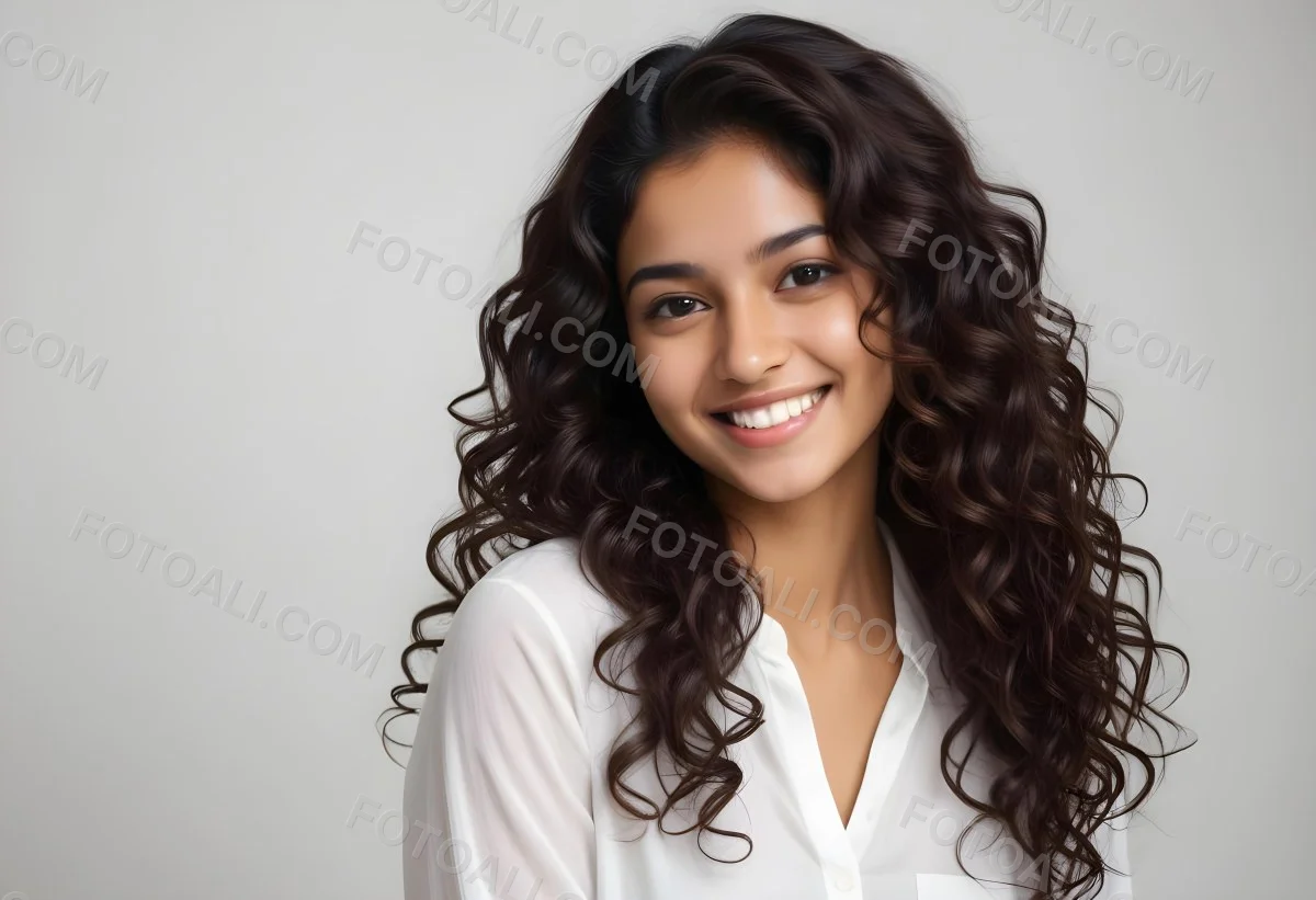 Young Woman Of South Asian Descent With Long Curly Dark Brown Hair Smiling Softly She Is Wearing A White Blouse And Has A Light Background 93 A903