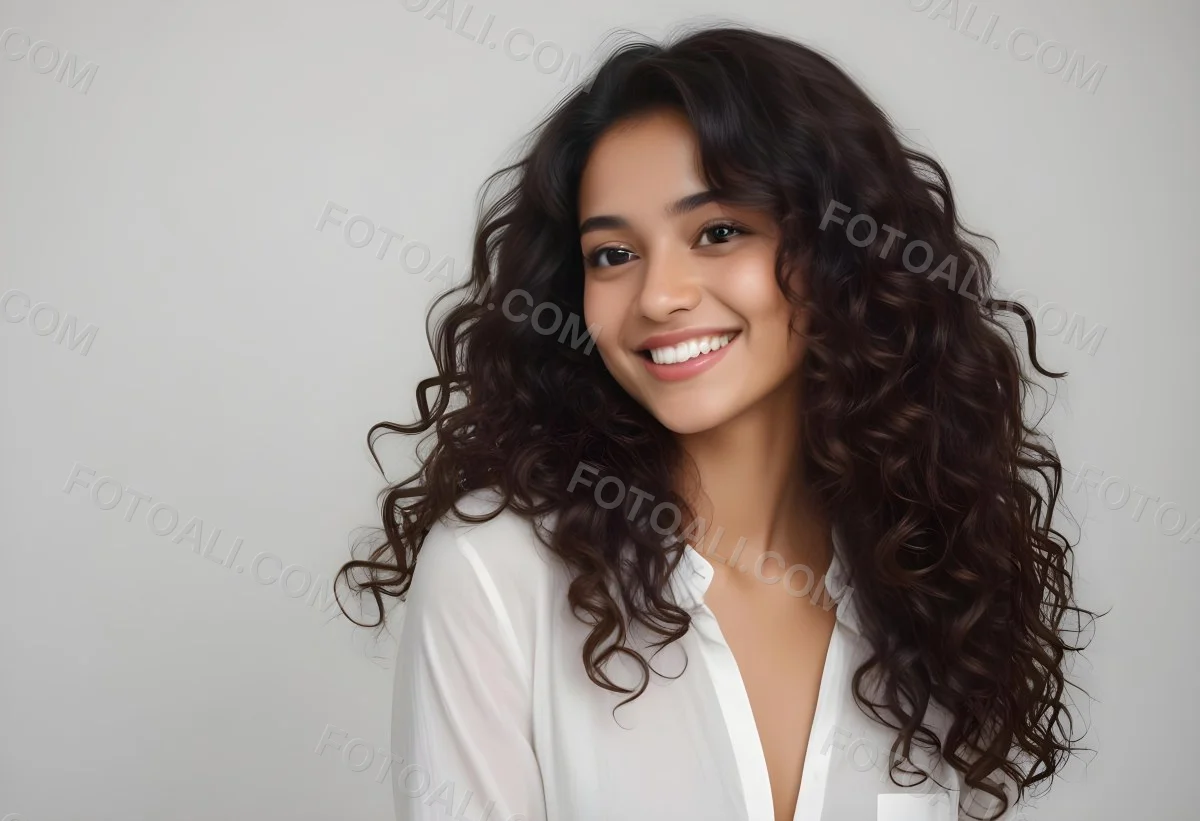 Young Woman Of South Asian Descent With Long Curly Dark Brown Hair Smiling Softly She Is Wearing A White Blouse And Has A Light Background 94 8b0c