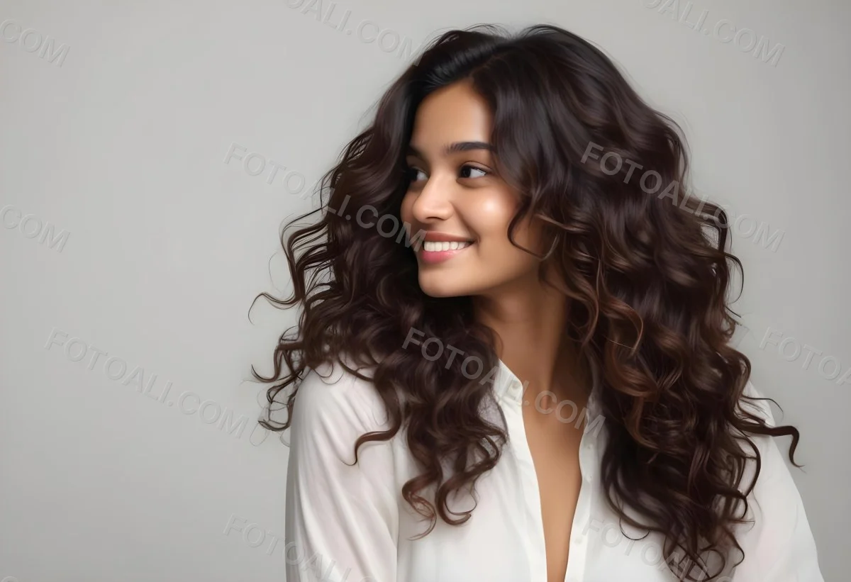 Young Woman Of South Asian Descent With Long Curly Dark Brown Hair Smiling Softly She Is Wearing A White Blouse And Has A Light Background 98 3fd2