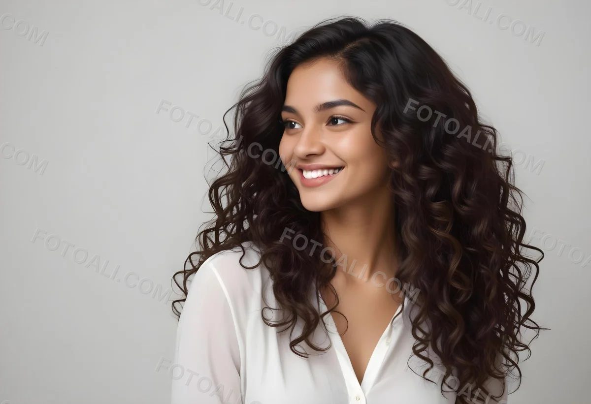 Young Woman Of South Asian Descent With Long Curly Dark Brown Hair Smiling Softly She Is Wearing A White Blouse And Has A Light Background 99 6fc1