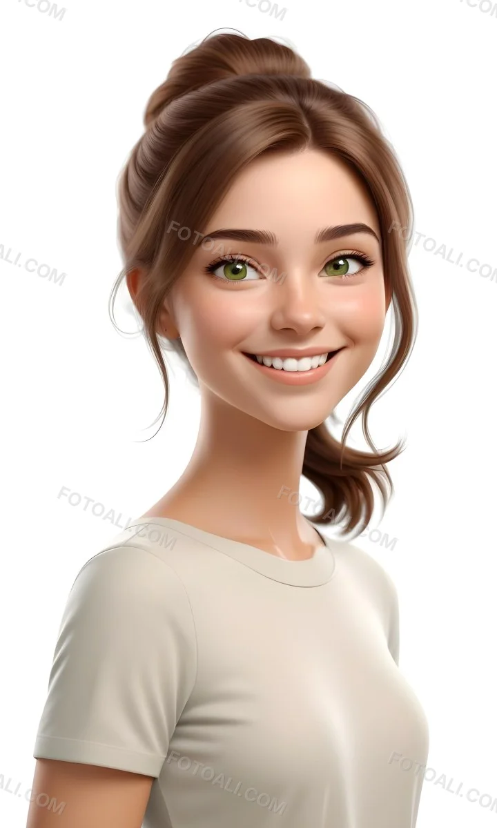 Young Woman With Light Brown Skin Medium Length Brown Hair And Green Eyes Smiling Gently The Background Is Plain White Emphasizing Her Facial Features 12 A072