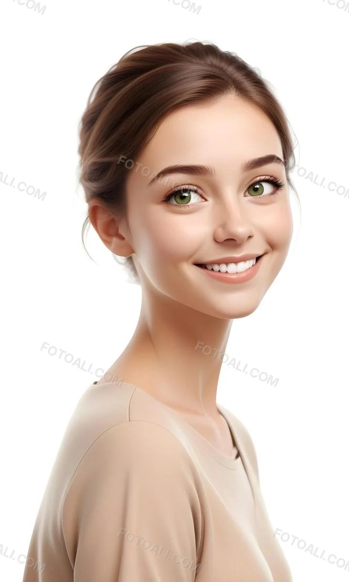 Young Woman With Light Brown Skin Medium Length Brown Hair And Green Eyes Smiling Gently The Background Is Plain White Emphasizing Her Facial Features 13 B0ba