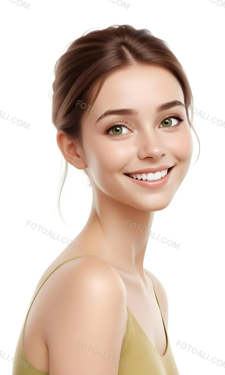 Young Woman With Light Brown Skin Medium Length Brown Hair And Green Eyes Smiling Gently The Background Is Plain White Emphasizing Her Facial Features 16 B847