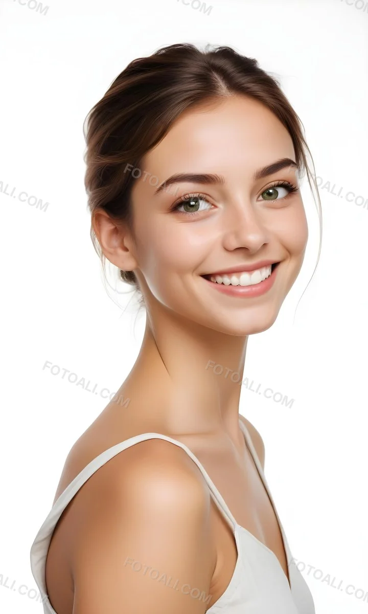 Young Woman With Light Brown Skin Medium Length Brown Hair And Green Eyes Smiling Gently The Background Is Plain White Emphasizing Her Facial Features 19 Adf3