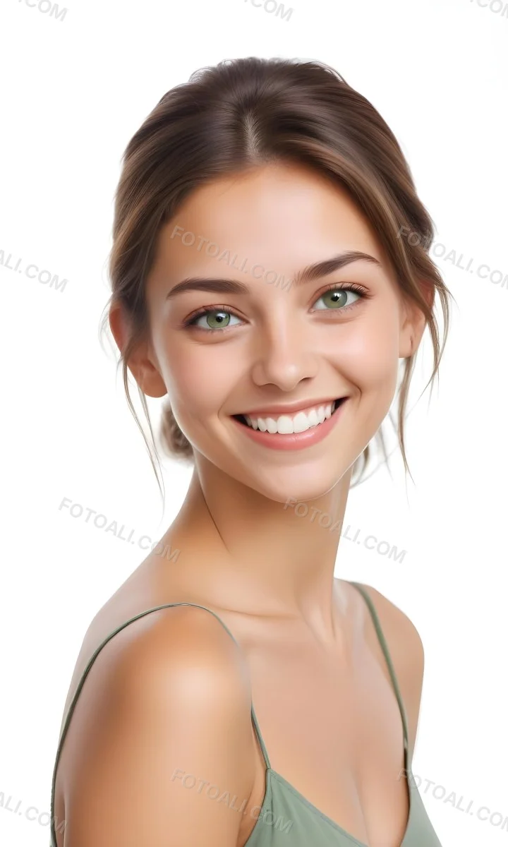 Young Woman With Light Brown Skin Medium Length Brown Hair And Green Eyes Smiling Gently The Background Is Plain White Emphasizing Her Facial Features 20 5745