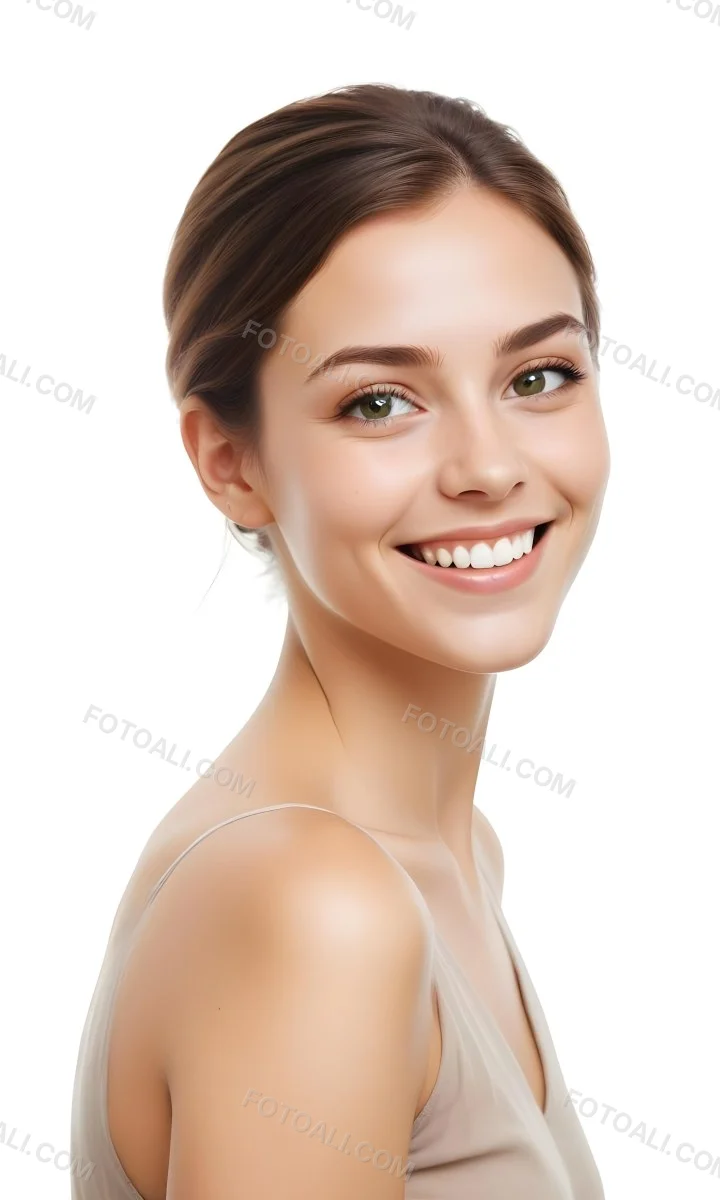 Young Woman With Light Brown Skin Medium Length Brown Hair And Green Eyes Smiling Gently The Background Is Plain White Emphasizing Her Facial Features 21 182c