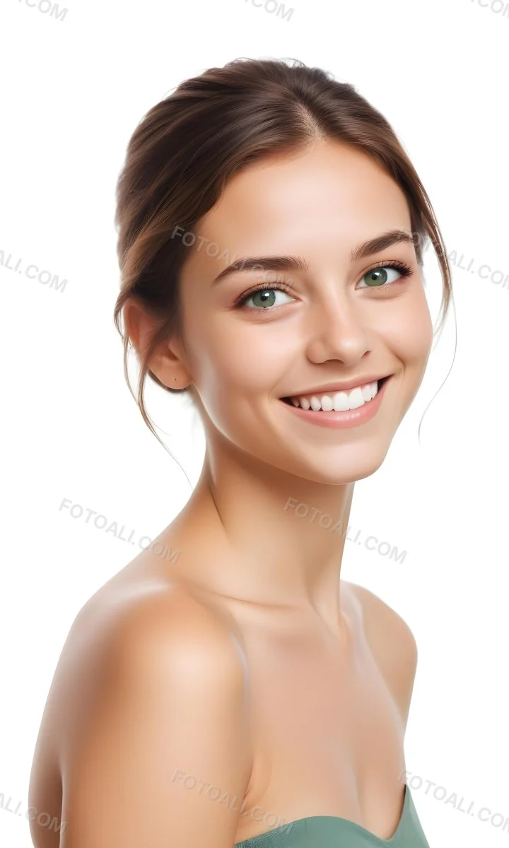 Young Woman With Light Brown Skin Medium Length Brown Hair And Green Eyes Smiling Gently The Background Is Plain White Emphasizing Her Facial Features 22 26c0