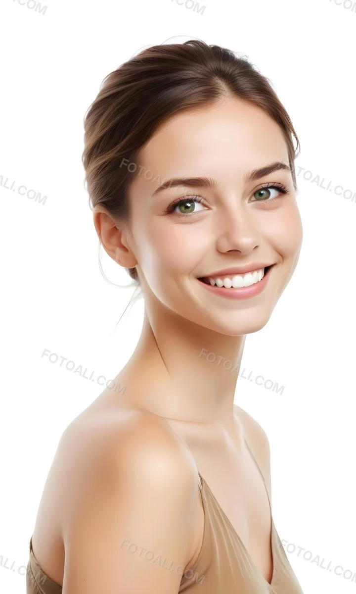 Young Woman With Light Brown Skin Medium Length Brown Hair And Green Eyes Smiling Gently The Background Is Plain White Emphasizing Her Facial Features 23 8193