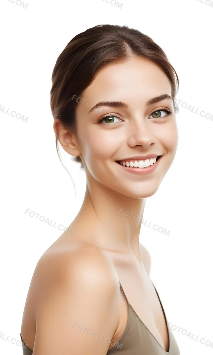 Young Woman With Light Brown Skin Medium Length Brown Hair And Green Eyes Smiling Gently The Background Is Plain White Emphasizing Her Facial Features 24 F181