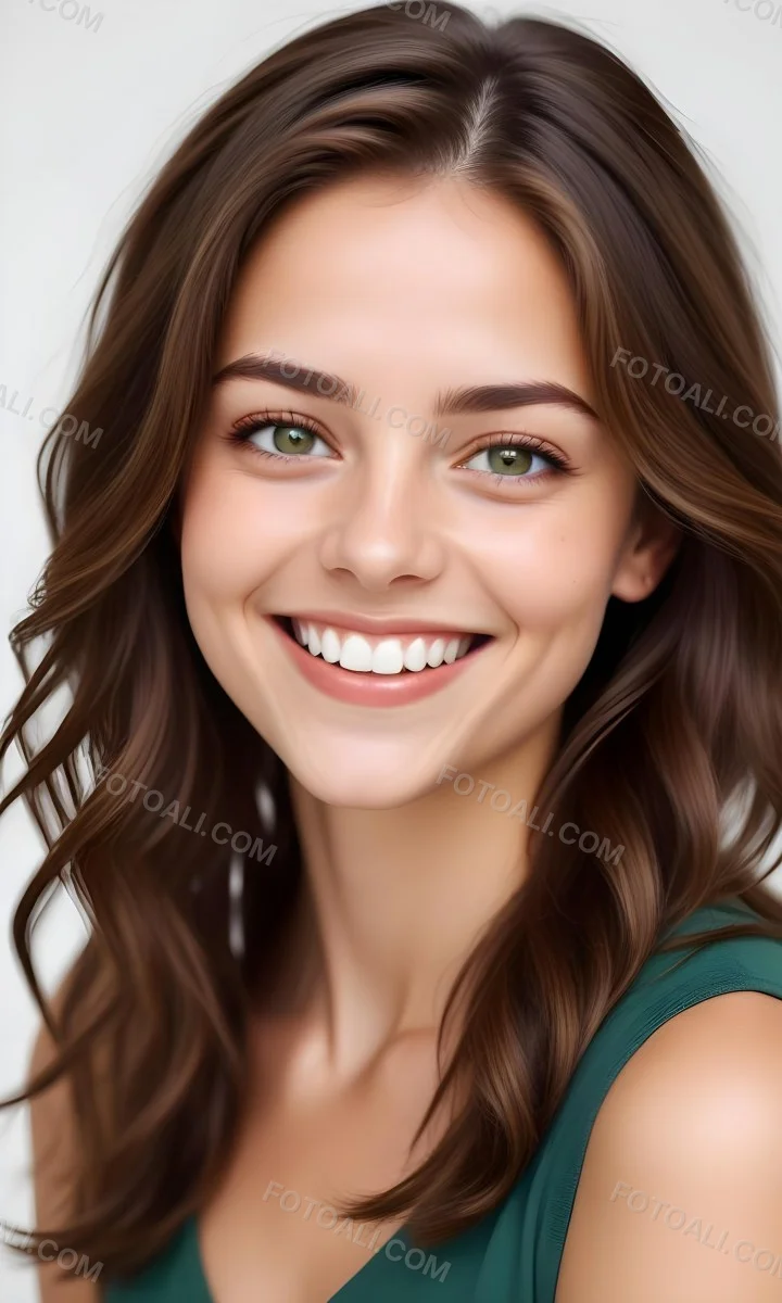 Young Woman With Light Brown Skin Medium Length Brown Hair And Green Eyes Smiling Gently The Background Is Plain White Emphasizing Her Facial Features 25 5fee