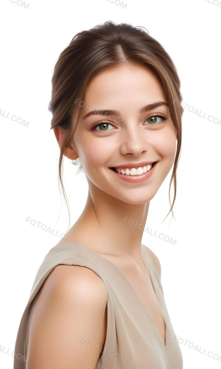 Young Woman With Light Brown Skin Medium Length Brown Hair And Green Eyes Smiling Gently The Background Is Plain White Emphasizing Her Facial Features 26 072e
