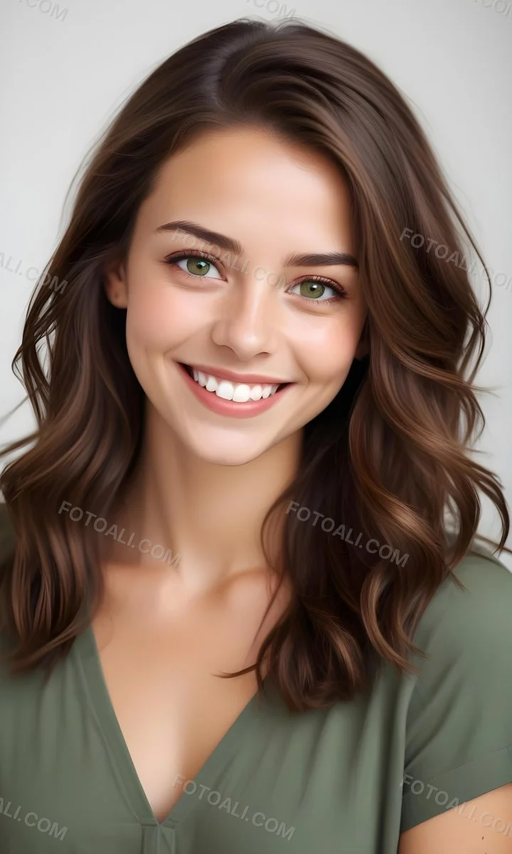 Young Woman With Light Brown Skin Medium Length Brown Hair And Green Eyes Smiling Gently The Background Is Plain White Emphasizing Her Facial Features 27 2279