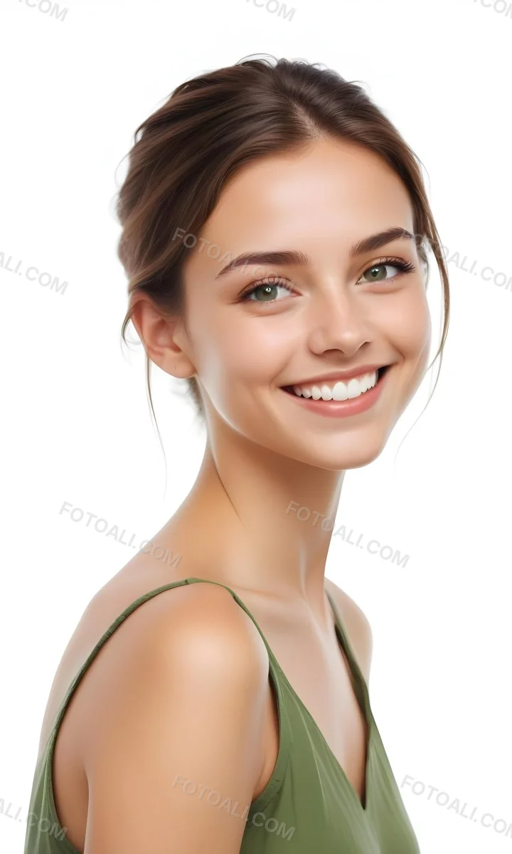 Young Woman With Light Brown Skin Medium Length Brown Hair And Green Eyes Smiling Gently The Background Is Plain White Emphasizing Her Facial Features 28 D3d7