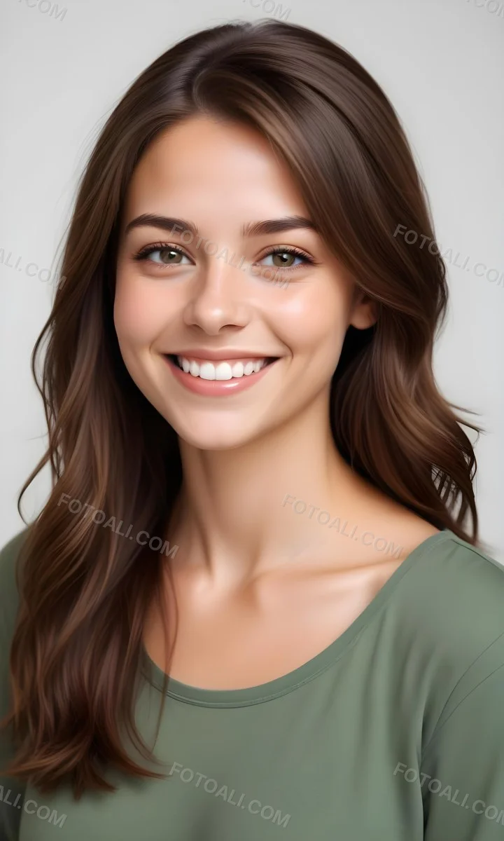 Young Woman With Light Brown Skin Medium Length Brown Hair And Green Eyes Smiling Gently The Background Is Plain White Emphasizing Her Facial Features 29 03c1