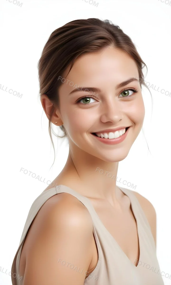 Young Woman With Light Brown Skin Medium Length Brown Hair And Green Eyes Smiling Gently The Background Is Plain White Emphasizing Her Facial Features 30 27d1