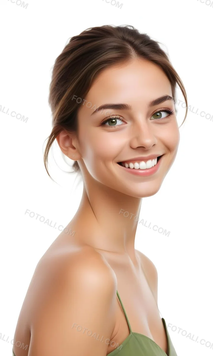 Young Woman With Light Brown Skin Medium Length Brown Hair And Green Eyes Smiling Gently The Background Is Plain White Emphasizing Her Facial Features 31 9462