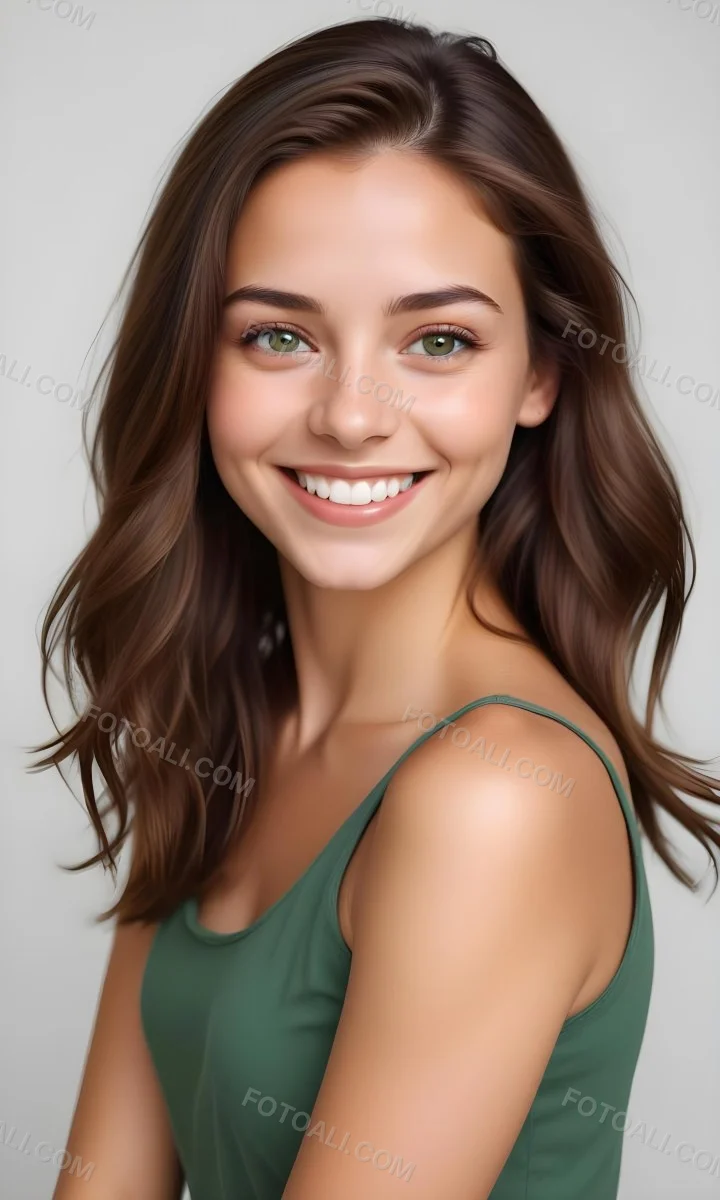Young Woman With Light Brown Skin Medium Length Brown Hair And Green Eyes Smiling Gently The Background Is Plain White Emphasizing Her Facial Features 32 F865