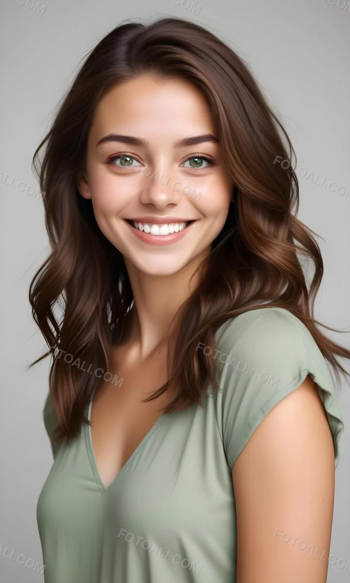 Young Woman With Light Brown Skin Medium Length Brown Hair And Green Eyes Smiling Gently The Background Is Plain White Emphasizing Her Facial Features 34 Cf3e