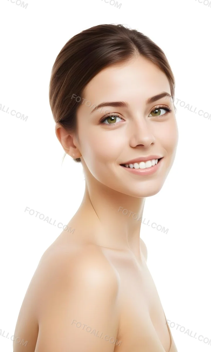 Young Woman With Light Brown Skin Medium Length Brown Hair And Green Eyes Smiling Gently The Background Is Plain White Emphasizing Her Facial Features 41 E99c
