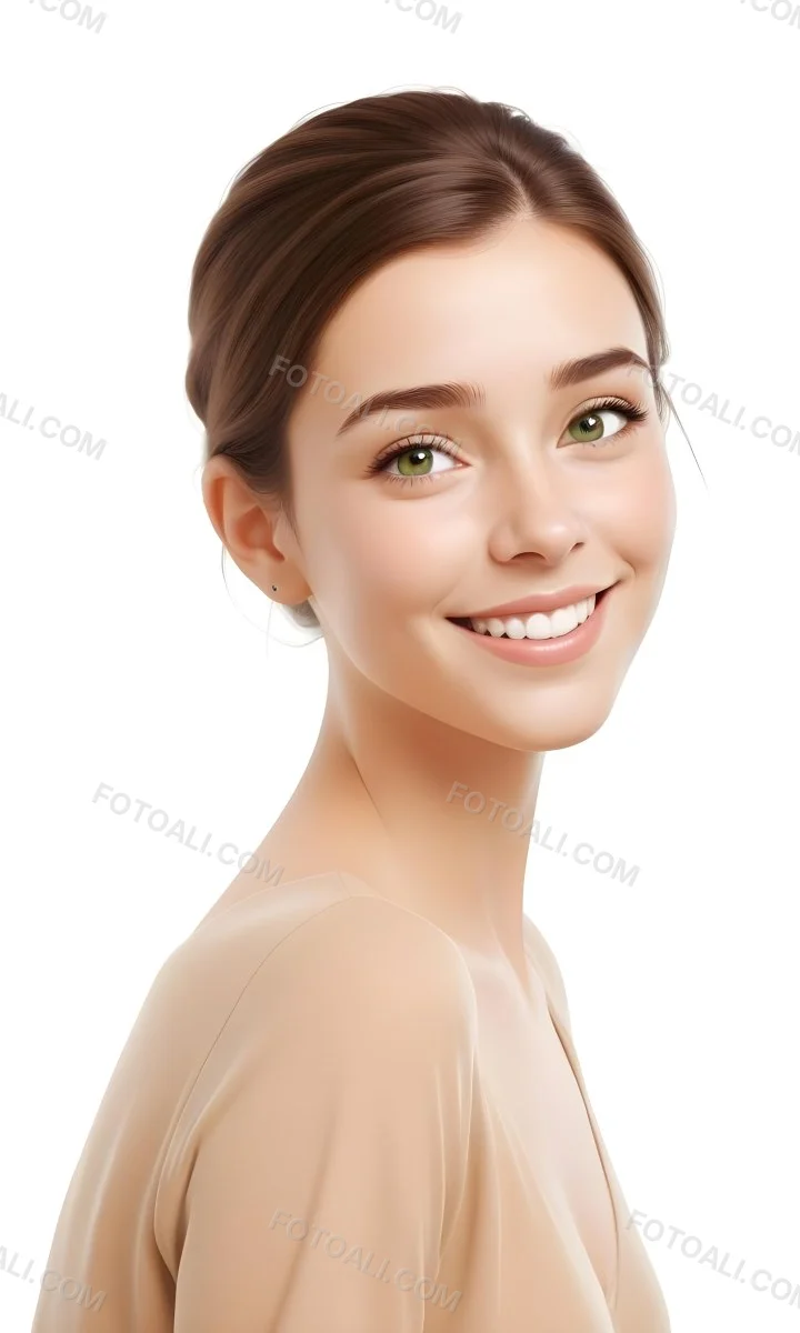 Young Woman With Light Brown Skin Medium Length Brown Hair And Green Eyes Smiling Gently The Background Is Plain White Emphasizing Her Facial Features 42 E1f7