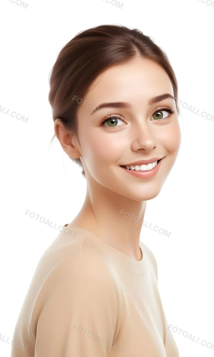 Young Woman With Light Brown Skin Medium Length Brown Hair And Green Eyes Smiling Gently The Background Is Plain White Emphasizing Her Facial Features 5 4bb1