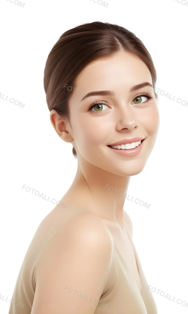Young Woman With Light Brown Skin Medium Length Brown Hair And Green Eyes Smiling Gently The Background Is Plain White Emphasizing Her Facial Features 9 61aa