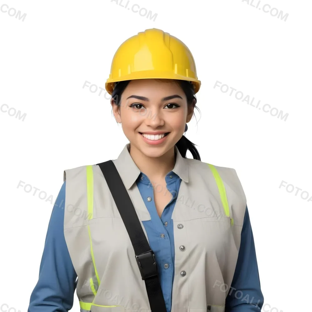 Young Woman With Light Skin And Black Hair Wearing A Blue Hard Hat And A Black Vest Over A Black Shirt She Is Smiling And Has A Blue Strap Bag Across Her Shoulder The Background Is Plain White 11 E650