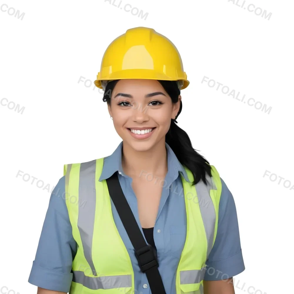 Young Woman With Light Skin And Black Hair Wearing A Blue Hard Hat And A Black Vest Over A Black Shirt She Is Smiling And Has A Blue Strap Bag Across Her Shoulder The Background Is Plain White 12 9ccb