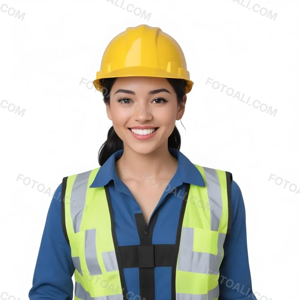 Young Woman With Light Skin And Black Hair Wearing A Blue Hard Hat And A Black Vest Over A Black Shirt She Is Smiling And Has A Blue Strap Bag Across Her Shoulder The Background Is Plain White 13 5a02