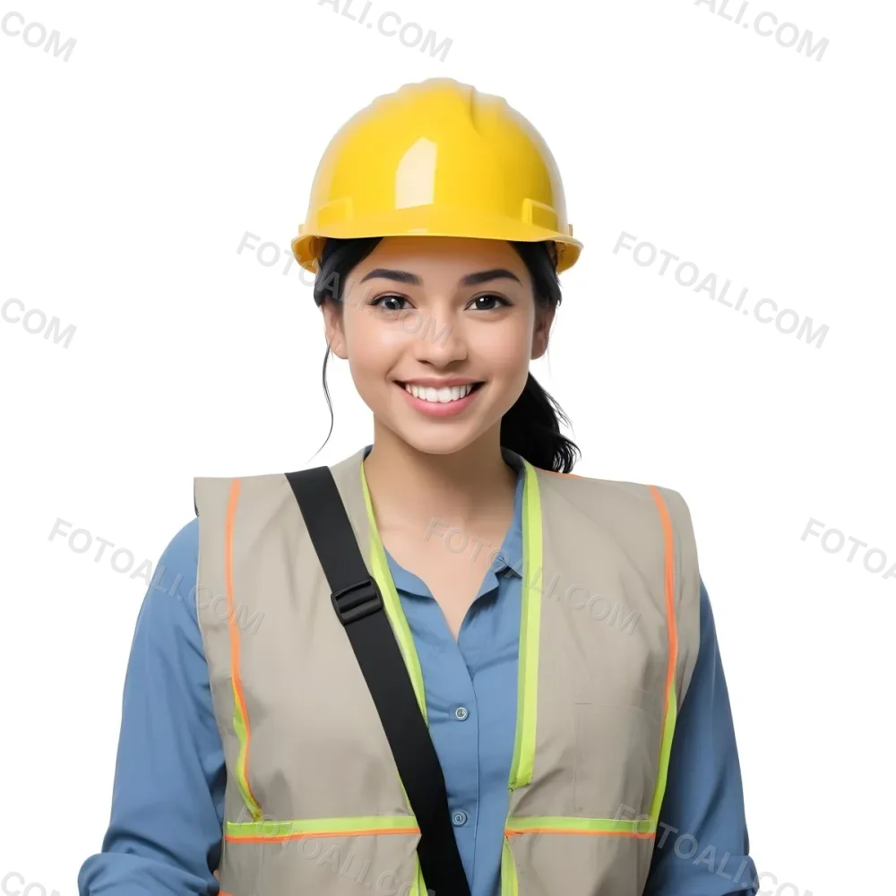 Young Woman With Light Skin And Black Hair Wearing A Blue Hard Hat And A Black Vest Over A Black Shirt She Is Smiling And Has A Blue Strap Bag Across Her Shoulder The Background Is Plain White 14 11e4