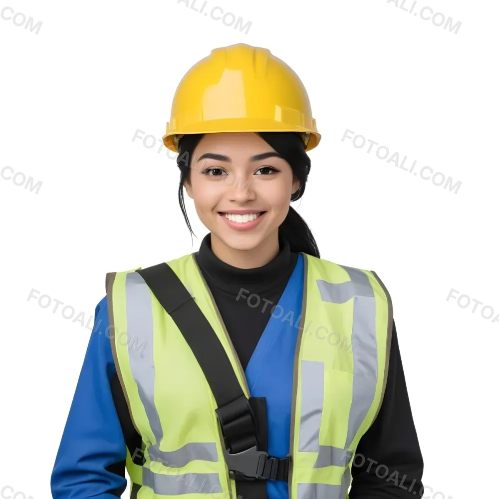 Young Woman With Light Skin And Black Hair Wearing A Blue Hard Hat And A Black Vest Over A Black Shirt She Is Smiling And Has A Blue Strap Bag Across Her Shoulder The Background Is Plain White 8 4a37