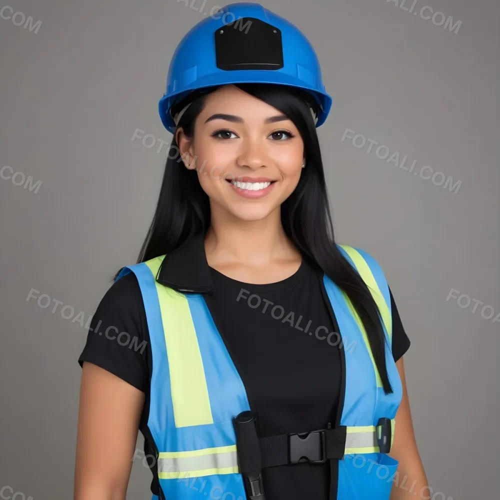 Young Woman With Light Skin And Black Hair Wearing A Blue Hard Hat And A Black Vest Over A Black Shirt She Is Smiling And Has A Blue Strap Bag Across Her Shoulder The Background Is Plain White 9 E1a3