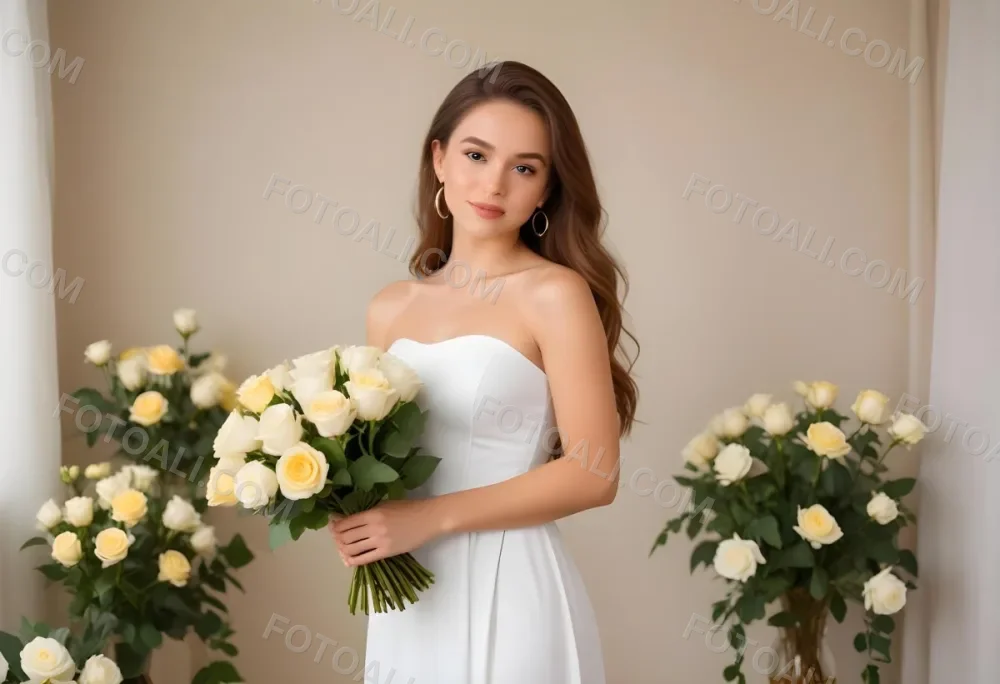 Young Woman With Light Skin And Long Brown Hair Wearing A Strapless White Dress And Large Earrings Holding A Bouquet Of White And Yellow Roses The Background Features Soft Blurred Greenery And Floral Arrangements 11 7ed2