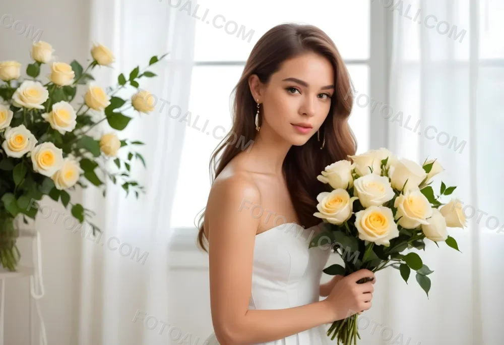 Young Woman With Light Skin And Long Brown Hair Wearing A Strapless White Dress And Large Earrings Holding A Bouquet Of White And Yellow Roses The Background Features Soft Blurred Greenery And Floral Arrangements 12 C49c