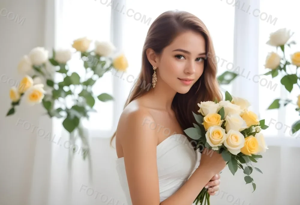 Young Woman With Light Skin And Long Brown Hair Wearing A Strapless White Dress And Large Earrings Holding A Bouquet Of White And Yellow Roses The Background Features Soft Blurred Greenery And Floral Arrangements 13 Ac87