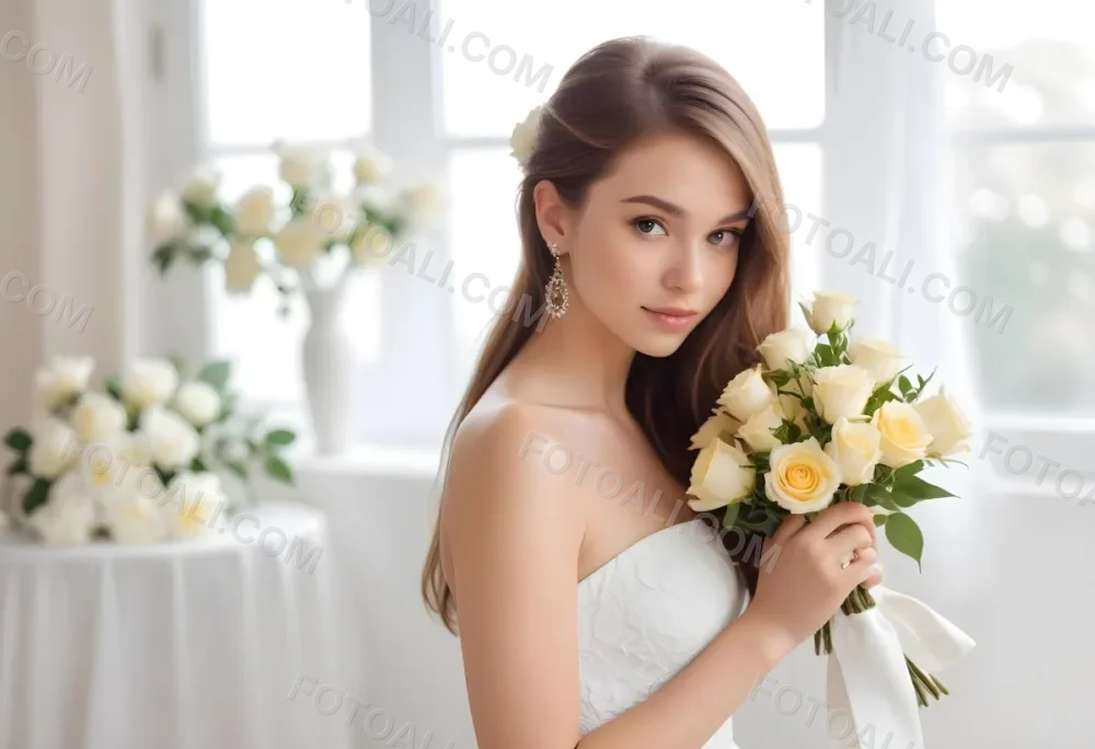 Young Woman With Light Skin And Long Brown Hair Wearing A Strapless White Dress And Large Earrings Holding A Bouquet Of White And Yellow Roses The Background Features Soft Blurred Greenery And Floral Arrangements 14 Aa6e