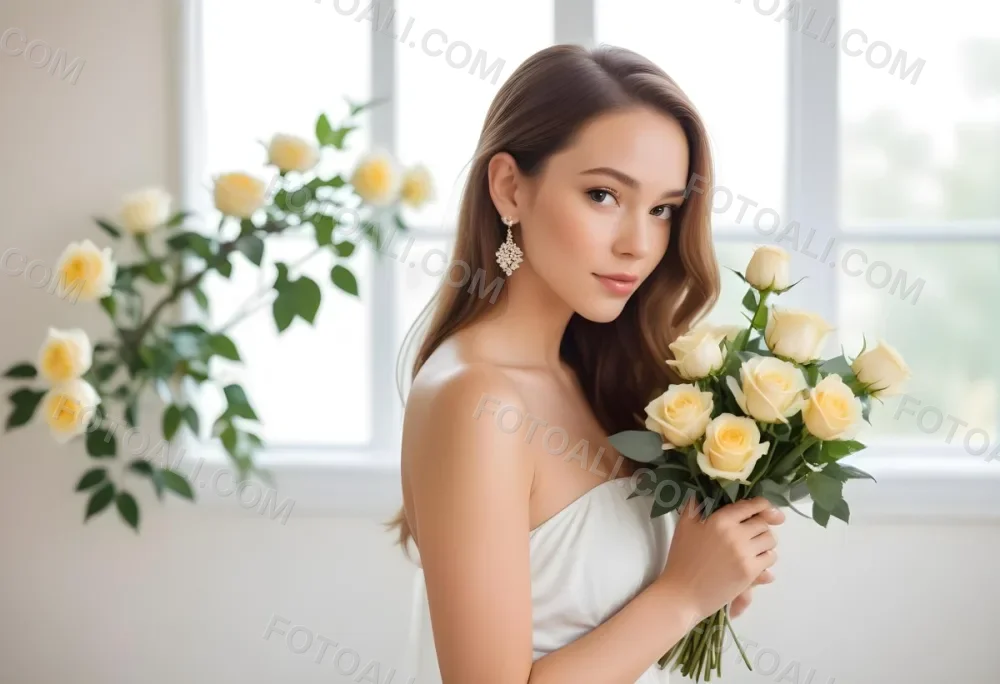 Young Woman With Light Skin And Long Brown Hair Wearing A Strapless White Dress And Large Earrings Holding A Bouquet Of White And Yellow Roses The Background Features Soft Blurred Greenery And Floral Arrangements 15 0d34