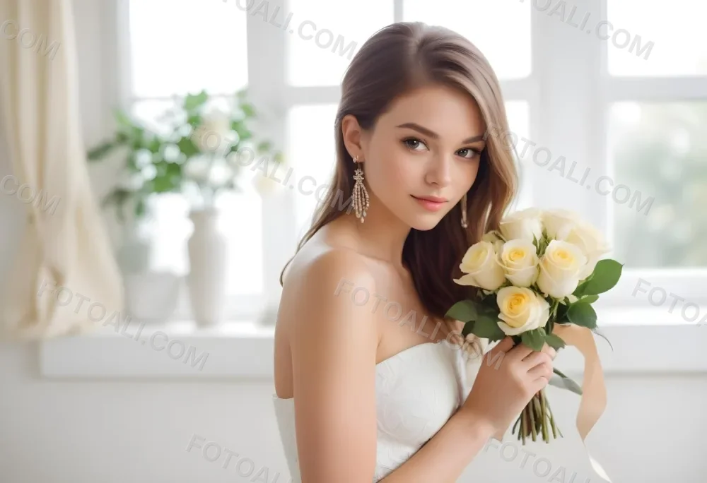 Young Woman With Light Skin And Long Brown Hair Wearing A Strapless White Dress And Large Earrings Holding A Bouquet Of White And Yellow Roses The Background Features Soft Blurred Greenery And Floral Arrangements 16 48c9
