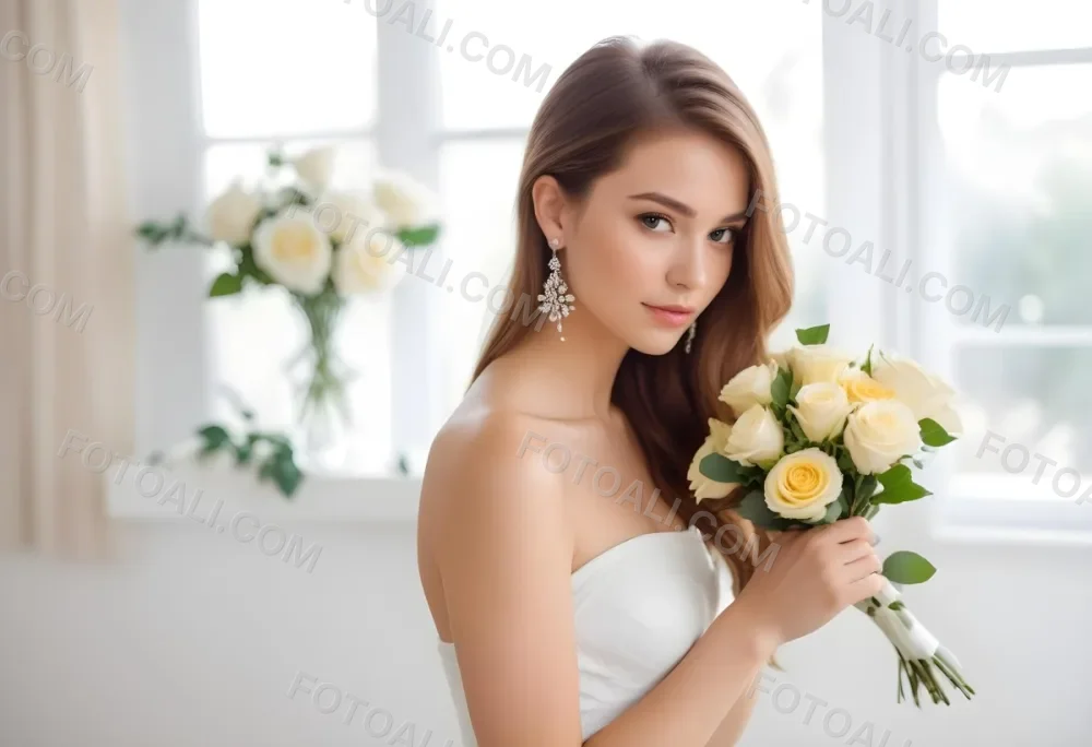 Young Woman With Light Skin And Long Brown Hair Wearing A Strapless White Dress And Large Earrings Holding A Bouquet Of White And Yellow Roses The Background Features Soft Blurred Greenery And Floral Arrangements 17 1156