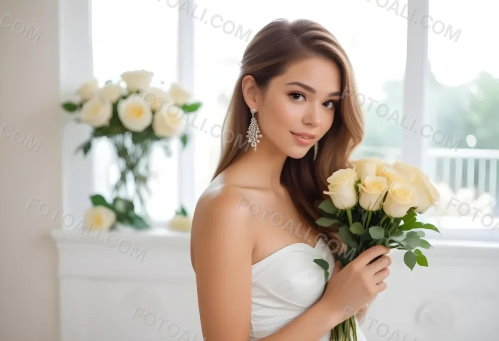 Young Woman With Light Skin And Long Brown Hair Wearing A Strapless White Dress And Large Earrings Holding A Bouquet Of White And Yellow Roses The Background Features Soft Blurred Greenery And Floral Arrangements 19 8f12